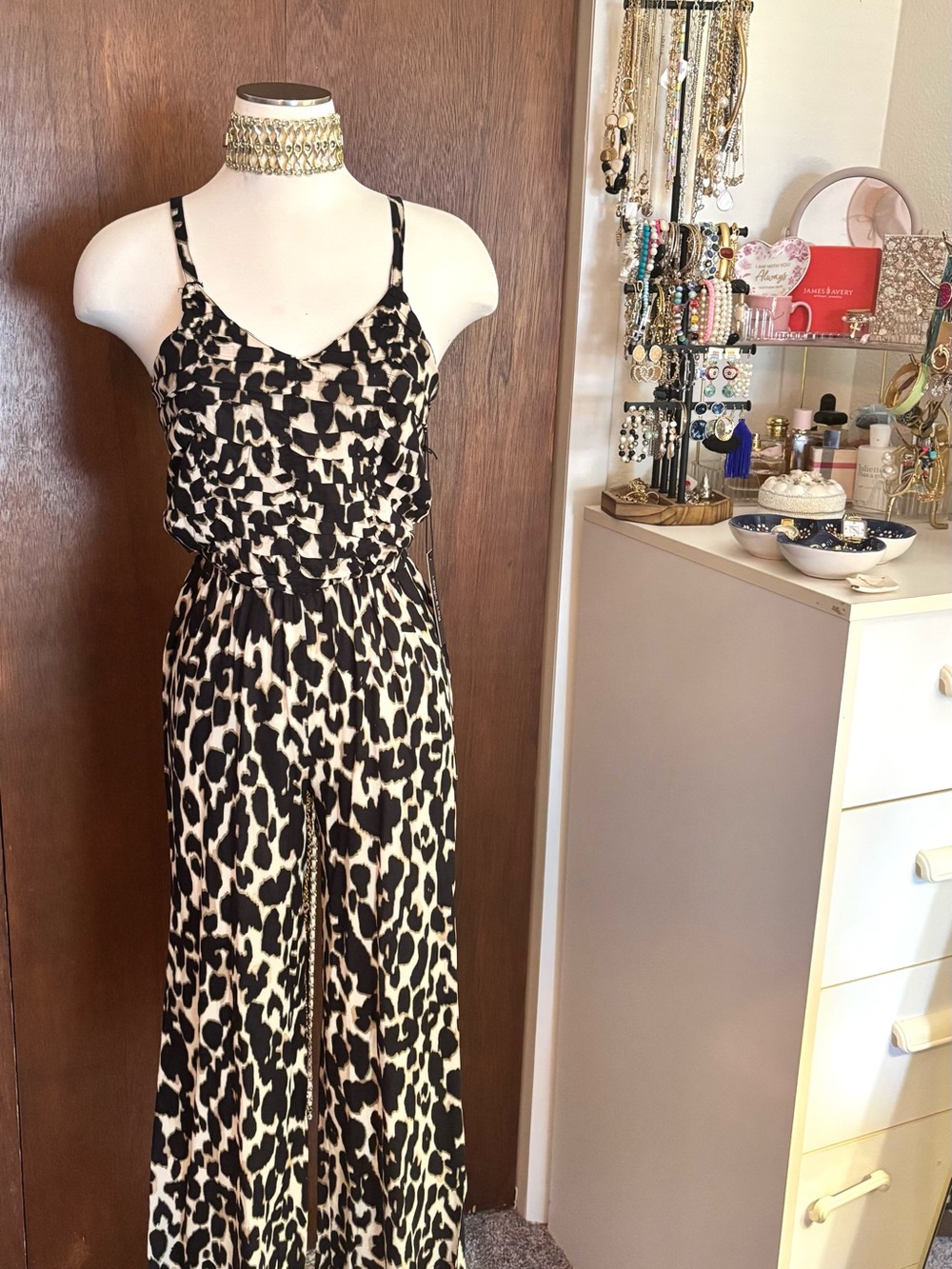 Women’s Black & Cream Leopard-Print Spaghetti-Strap Jumpsuit